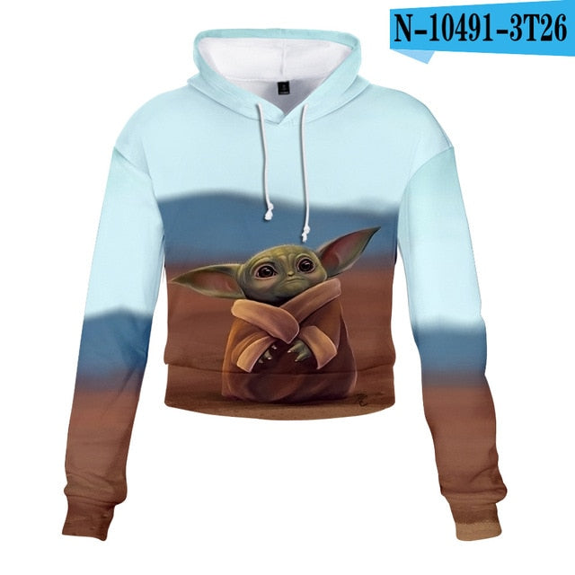 Mandalorian Baby Yoda Crop Top Hoodie Star War Harajuku Cropped Sweatshirt Streetwear Hip Hop Long Sleeves Pullover Tops Cosplay