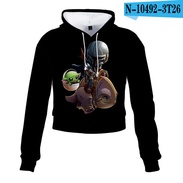 Mandalorian Baby Yoda Crop Top Hoodie Star War Harajuku Cropped Sweatshirt Streetwear Hip Hop Long Sleeves Pullover Tops Cosplay