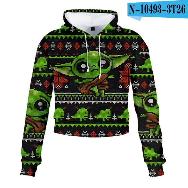 Mandalorian Baby Yoda Crop Top Hoodie Star War Harajuku Cropped Sweatshirt Streetwear Hip Hop Long Sleeves Pullover Tops Cosplay