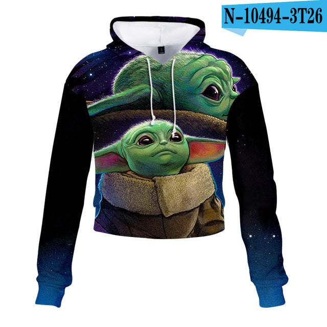 Mandalorian Baby Yoda Crop Top Hoodie Star War Harajuku Cropped Sweatshirt Streetwear Hip Hop Long Sleeves Pullover Tops Cosplay