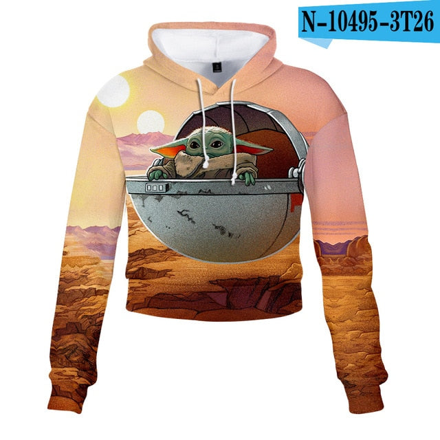 Mandalorian Baby Yoda Crop Top Hoodie Star War Harajuku Cropped Sweatshirt Streetwear Hip Hop Long Sleeves Pullover Tops Cosplay