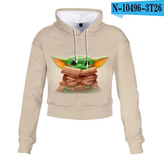 Mandalorian Baby Yoda Crop Top Hoodie Star War Harajuku Cropped Sweatshirt Streetwear Hip Hop Long Sleeves Pullover Tops Cosplay