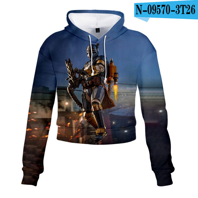 Mandalorian Baby Yoda Crop Top Hoodie Star War Harajuku Cropped Sweatshirt Streetwear Hip Hop Long Sleeves Pullover Tops Cosplay