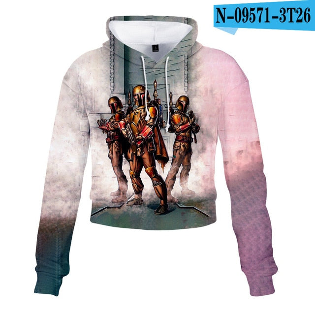 Mandalorian Baby Yoda Crop Top Hoodie Star War Harajuku Cropped Sweatshirt Streetwear Hip Hop Long Sleeves Pullover Tops Cosplay
