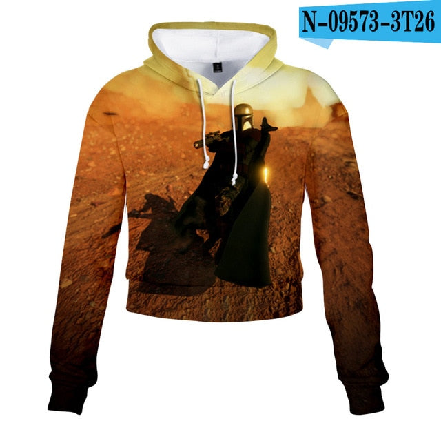 Mandalorian Baby Yoda Crop Top Hoodie Star War Harajuku Cropped Sweatshirt Streetwear Hip Hop Long Sleeves Pullover Tops Cosplay