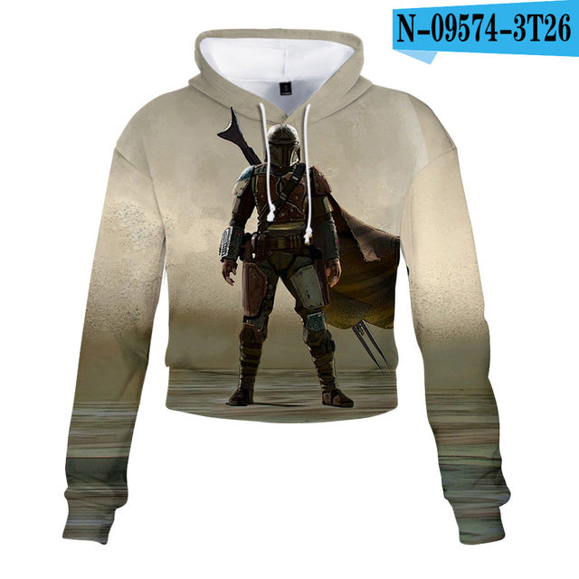 Mandalorian Baby Yoda Crop Top Hoodie Star War Harajuku Cropped Sweatshirt Streetwear Hip Hop Long Sleeves Pullover Tops Cosplay