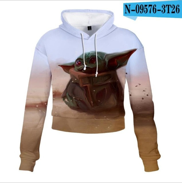 Mandalorian Baby Yoda Crop Top Hoodie Star War Harajuku Cropped Sweatshirt Streetwear Hip Hop Long Sleeves Pullover Tops Cosplay