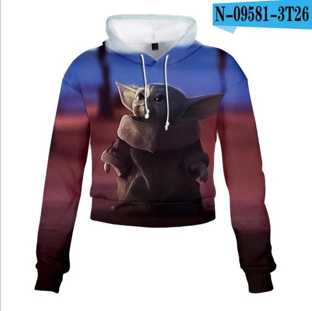 Mandalorian Baby Yoda Crop Top Hoodie Star War Harajuku Cropped Sweatshirt Streetwear Hip Hop Long Sleeves Pullover Tops Cosplay