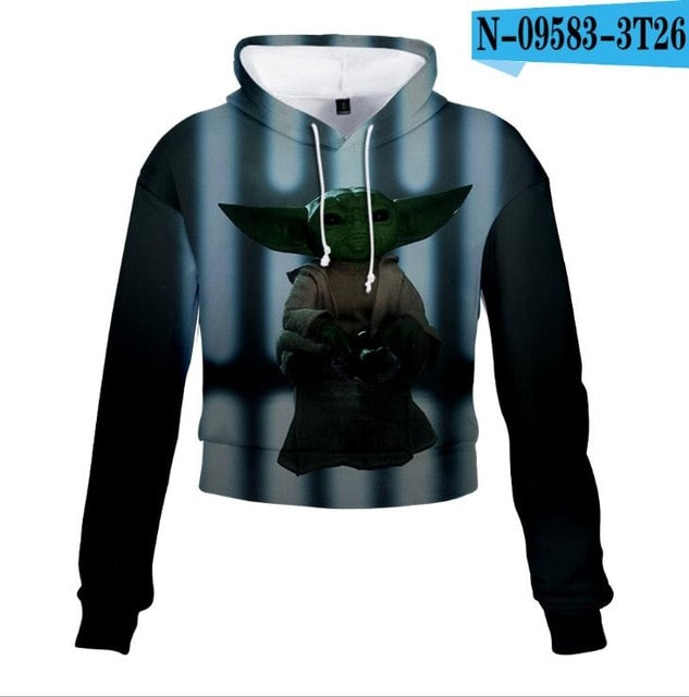 Mandalorian Baby Yoda Crop Top Hoodie Star War Harajuku Cropped Sweatshirt Streetwear Hip Hop Long Sleeves Pullover Tops Cosplay