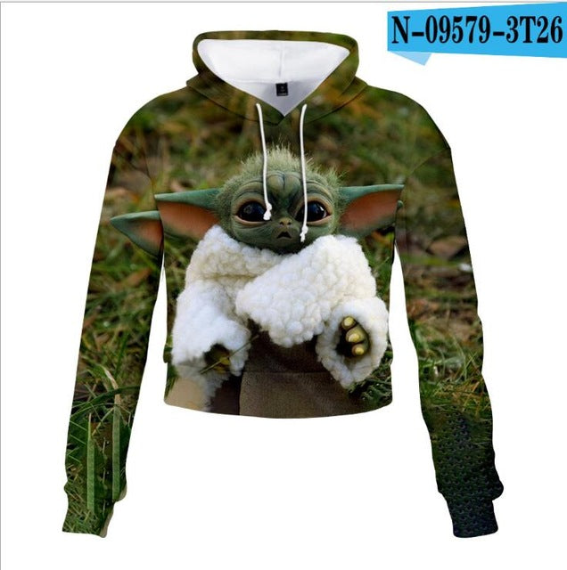 Mandalorian Baby Yoda Crop Top Hoodie Star War Harajuku Cropped Sweatshirt Streetwear Hip Hop Long Sleeves Pullover Tops Cosplay