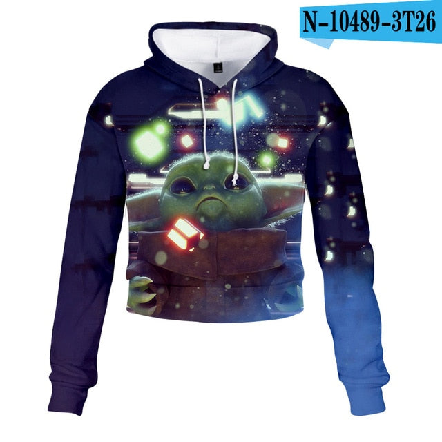 Mandalorian Baby Yoda Crop Top Hoodie Star War Harajuku Cropped Sweatshirt Streetwear Hip Hop Long Sleeves Pullover Tops Cosplay
