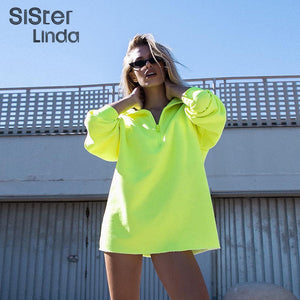 Sisterlinda Solid Zipper Fly Turtleneck Loose Hoodies Sweatshirts Long Full Sleeve Workout Street Hoodies Pullovers Mujer 2019