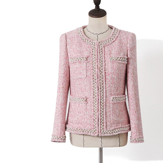 Pink Tweed Jacket Women Heavy Beading Ladiessmall Fragrant Wind Spring Spring/Autumn Winter Jacket One-piece Coat Jacket