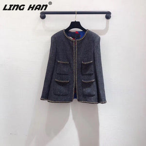 LINGHAN  Fall/Winter Solid Color Jacket Long Sleeve Chain edge Vintage Wool tweed Jacket Women's Casual Slim Jacket Silk lining