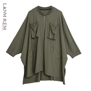 LANMREM 2020 Spring New Zipper Windbreaker Jacket Woman Tide Irregular Loose Coat Oversize Women Clothes Double Pockets YH759