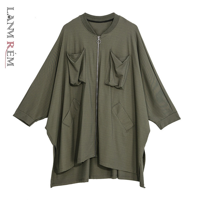 LANMREM 2020 Spring New Zipper Windbreaker Jacket Woman Tide Irregular Loose Coat Oversize Women Clothes Double Pockets YH759