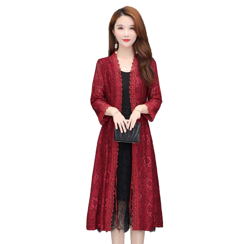 Summer women's lace jacket women's mid-length sunscreen cardigan thin section hollow lace cardigan cape coat shawl plus size 5XL