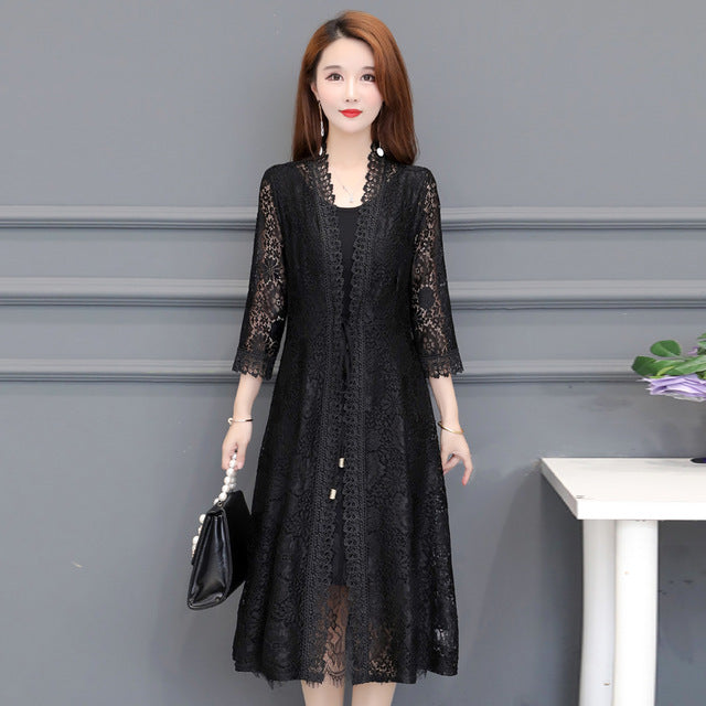 Summer women's lace jacket women's mid-length sunscreen cardigan thin section hollow lace cardigan cape coat shawl plus size 5XL