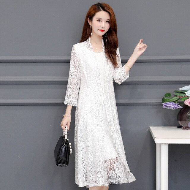 Summer women's lace jacket women's mid-length sunscreen cardigan thin section hollow lace cardigan cape coat shawl plus size 5XL
