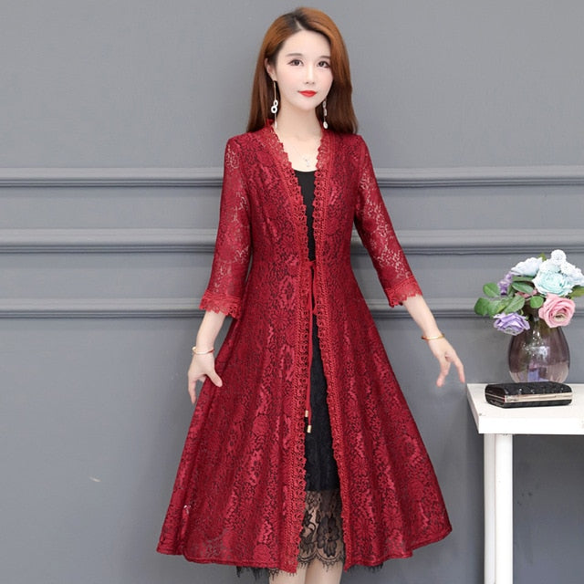 Summer women's lace jacket women's mid-length sunscreen cardigan thin section hollow lace cardigan cape coat shawl plus size 5XL
