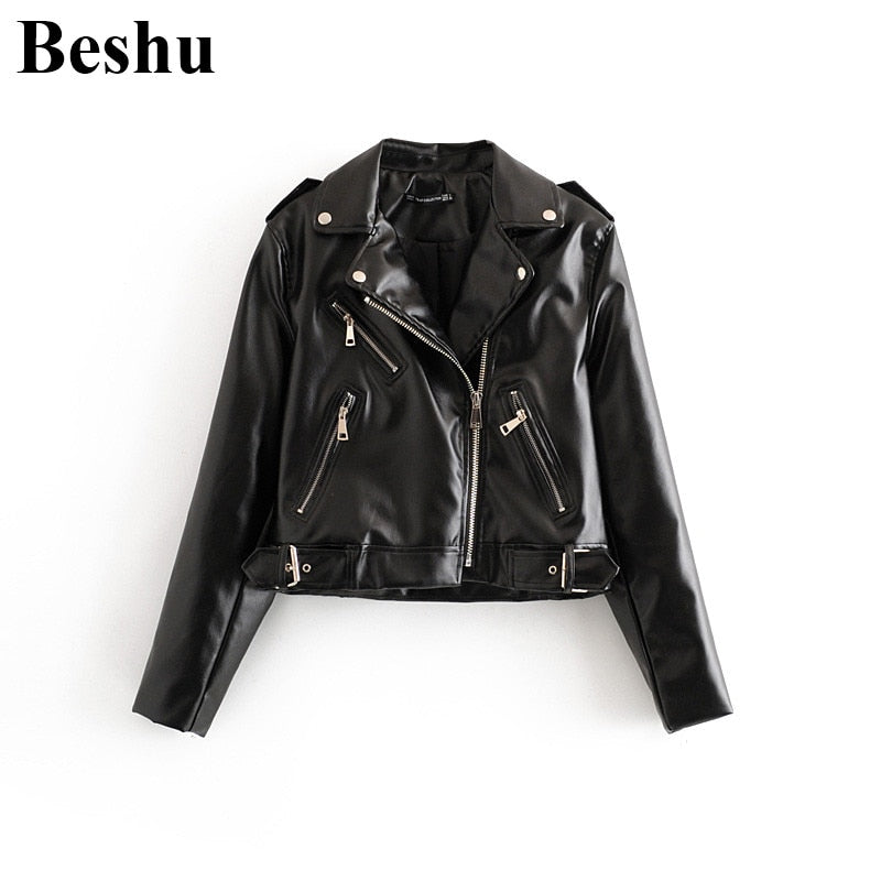 Za 2019 Fashion Bomber Jacket Women Black PU Leather Jacket Short Section Locomotive With Many Zippers Big Lapel Women's Clothes