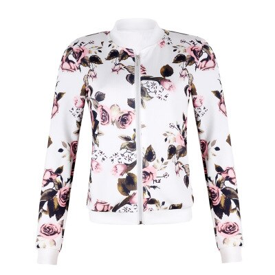 Jacket Women Black White Blue Rose Print Slim Coat 2019 New Spring Autumn Fashion Zipper Long Sleeve Small Outwear Clothing LR23