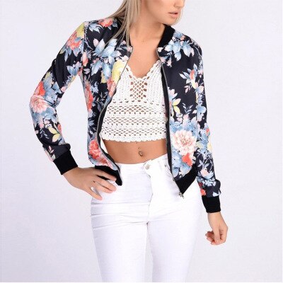 Jacket Women Black White Blue Rose Print Slim Coat 2019 New Spring Autumn Fashion Zipper Long Sleeve Small Outwear Clothing LR23