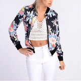 Jacket Women Black White Blue Rose Print Slim Coat 2019 New Spring Autumn Fashion Zipper Long Sleeve Small Outwear Clothing LR23