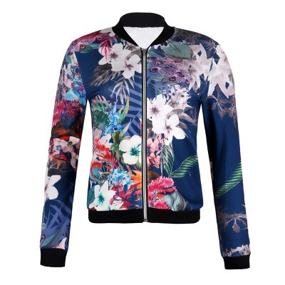 Jacket Women Black White Blue Rose Print Slim Coat 2019 New Spring Autumn Fashion Zipper Long Sleeve Small Outwear Clothing LR23