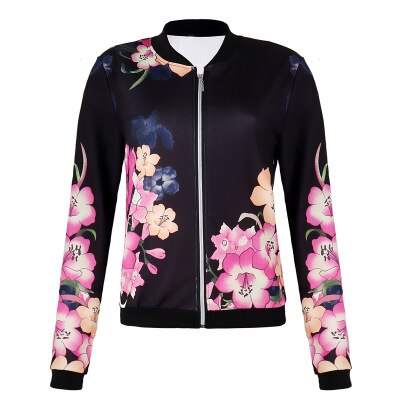 Jacket Women Black White Blue Rose Print Slim Coat 2019 New Spring Autumn Fashion Zipper Long Sleeve Small Outwear Clothing LR23