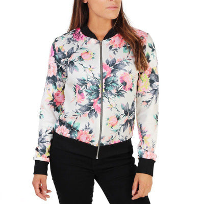 Jacket Women Black White Blue Rose Print Slim Coat 2019 New Spring Autumn Fashion Zipper Long Sleeve Small Outwear Clothing LR23