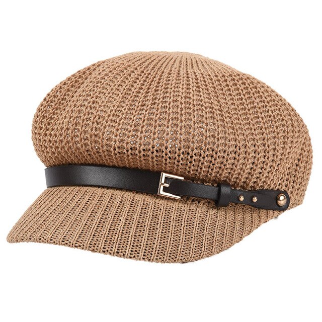 USPOP Summer caps women octagonal hats breathable leather belt octagonal cap newsboy caps British vintage knitted berets