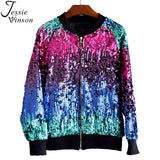 Jessie Vinson Gradient Color Sequins Zipper Jacket Coat Casual Bomber Jacket Autumn Winter Casual Outerwear Basic Jacket Women