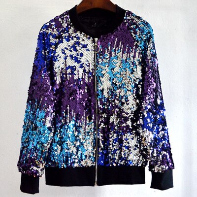 Jessie Vinson Gradient Color Sequins Zipper Jacket Coat Casual Bomber Jacket Autumn Winter Casual Outerwear Basic Jacket Women