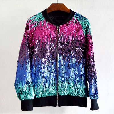 Jessie Vinson Gradient Color Sequins Zipper Jacket Coat Casual Bomber Jacket Autumn Winter Casual Outerwear Basic Jacket Women